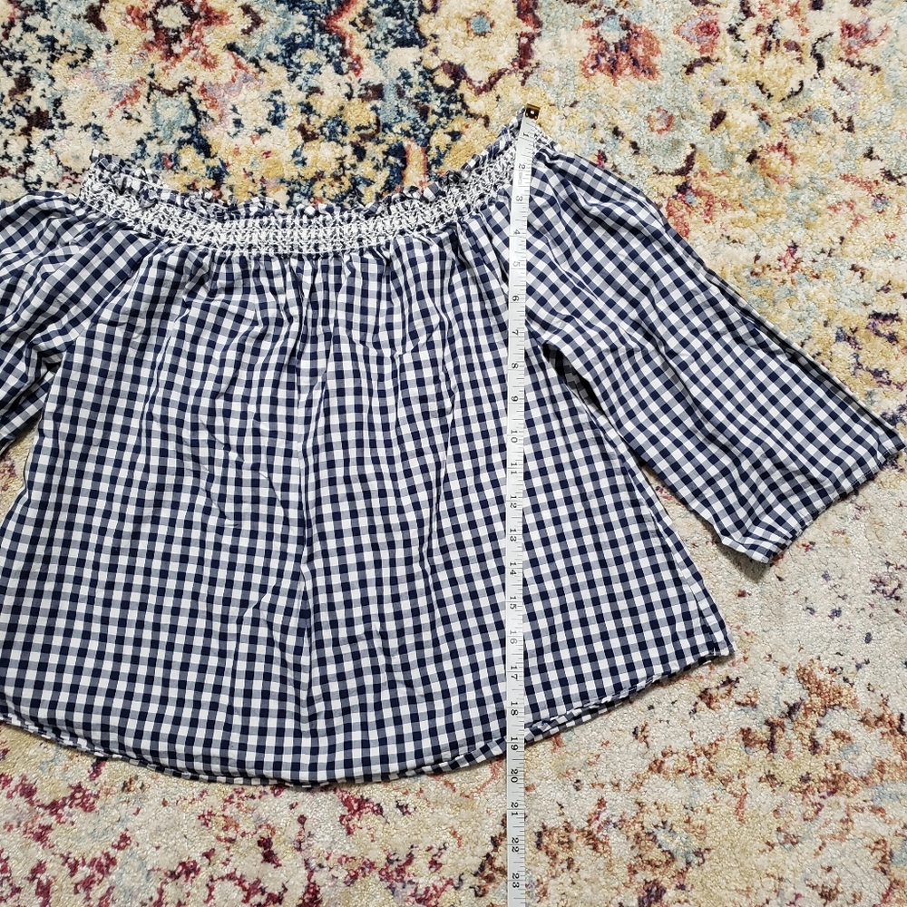 Madewell Smocked Gingham Off Shoulder Cropped Top Blue White Size Small - Picture 9 of 10